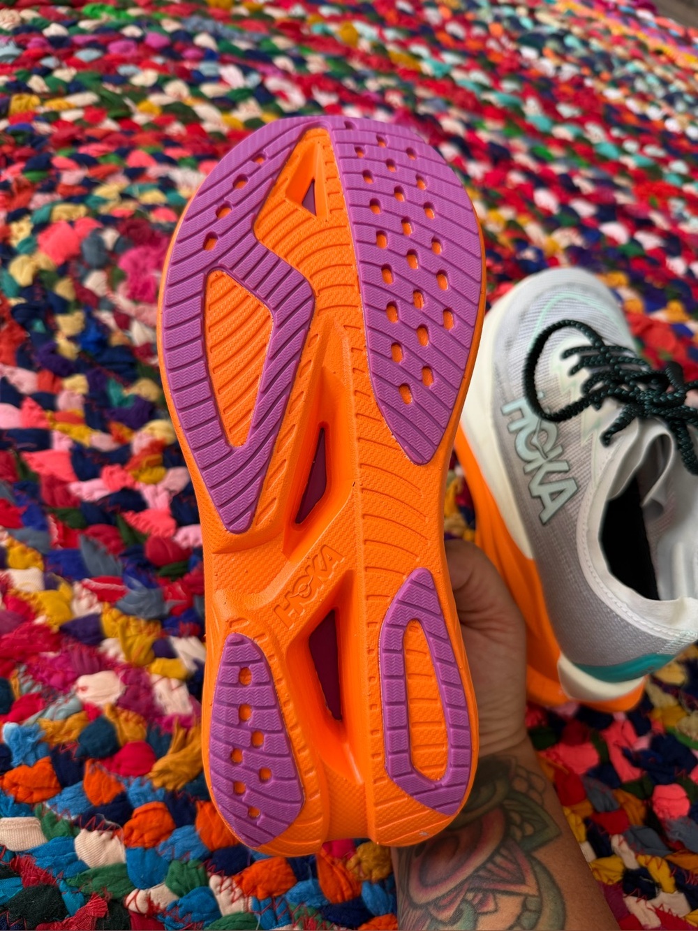Hoka Mach x2
Women's Light Gray Running Shoes with Orange & Mint Accents - Picture 5 of 8